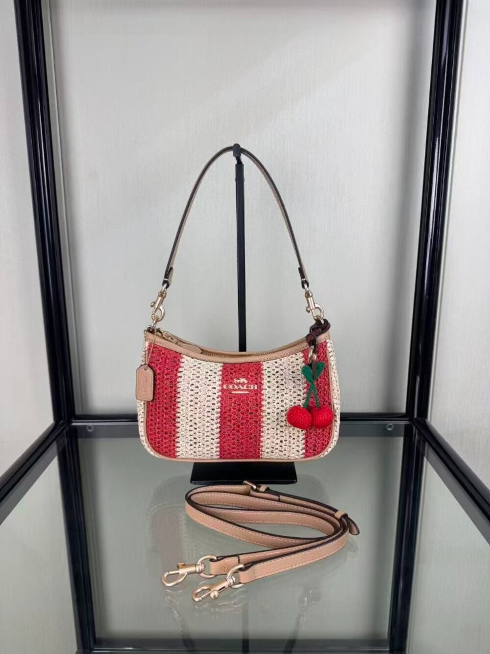 Coach Red‑White Striped Straw Hobo Shoulder Bag with Cherry Charm